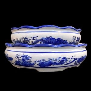 Antique 1910s Chinese Blue and White Bonsai Planters/Pots Set (2) - Hand Painted